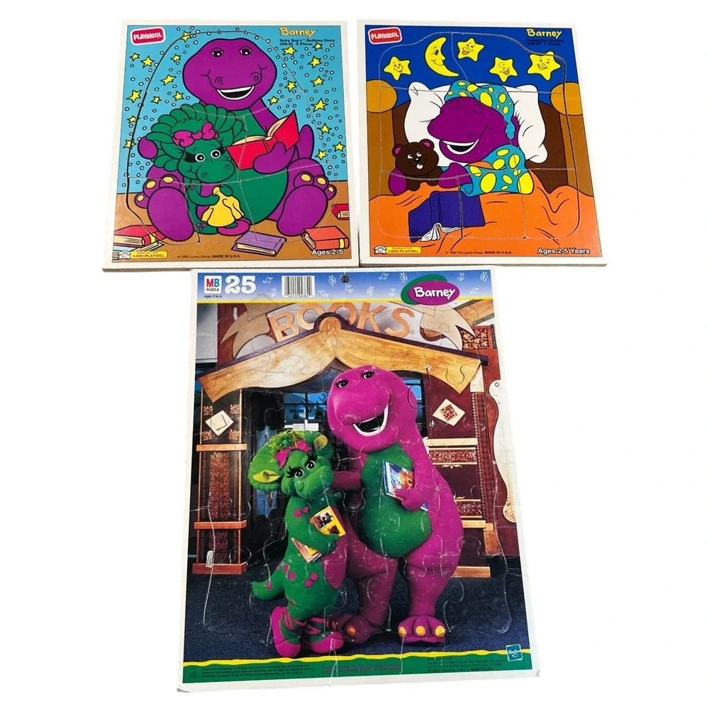 Vintage Barney Puzzle Lot Playskool Wood Tray Milton Bradley 1993 1999 3pc Set